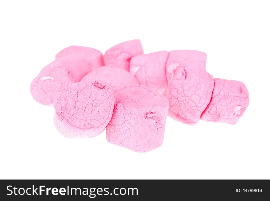 A group of pink fluffy marshmallows over white