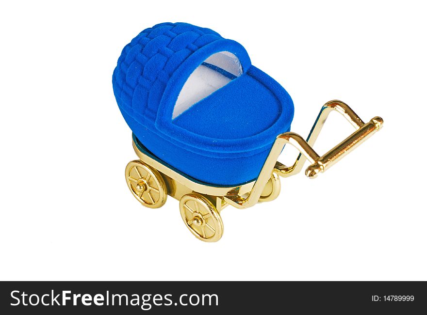 Blue baby stroller isolated in white