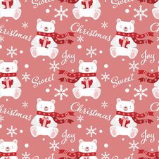 Christmas Seamless Pattern With Cute Polar Bear In Red Scarf And Snowflake. Royalty Free Stock Images