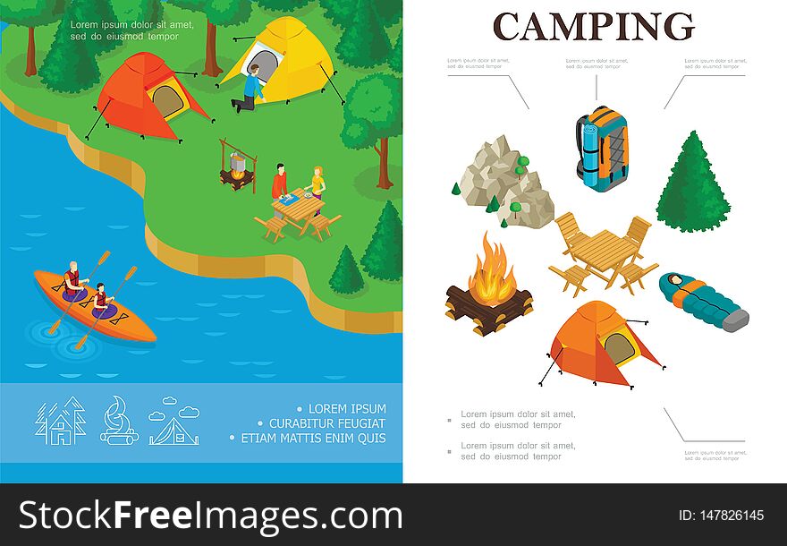 Isometric summer camping concept with people resting by the river and paddling in kayak vector illustration