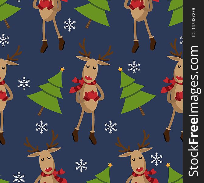 Red nose reindeer in winter custom with Christmas tree seamless pattern. Cute Christmas holidays cartoon character background. Vector illustration.