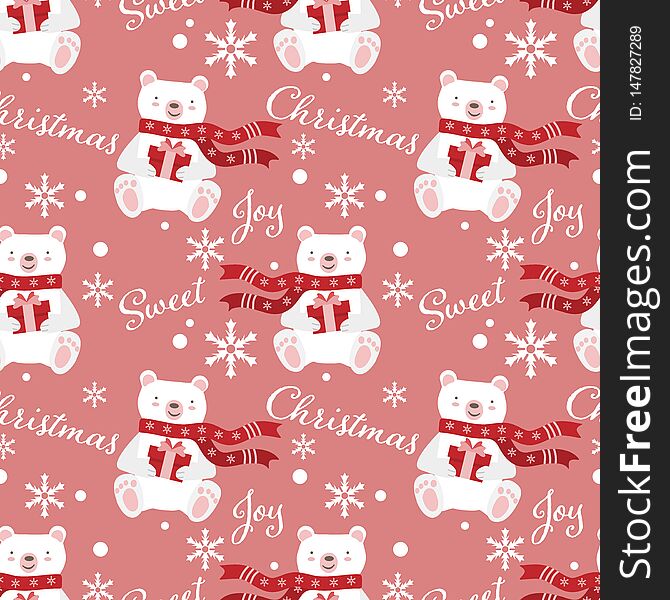 Christmas seamless pattern with Cute polar bear in red scarf and snowflake. Design for Merry Christmas, Happy New Year or Happy Holidays Greeting Card