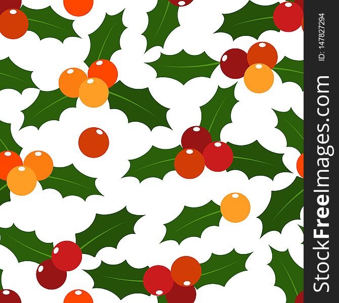 Christmas holly leaves and berries ornate seamless pattern