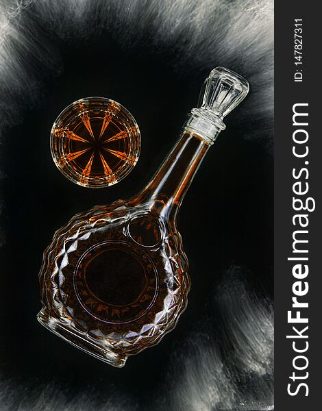 Glass Of Whiskey Or Brandy Or Cognac With Carafe On Isolated Black Background, Top View