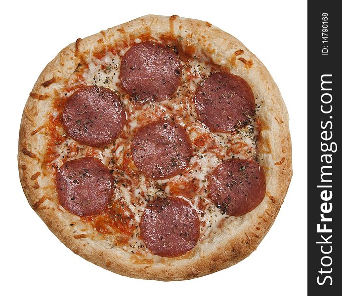 Original italian salami pizza on white background