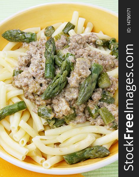 Delicious pasta with asparagus and minced meat. Delicious pasta with asparagus and minced meat