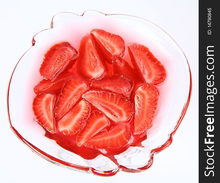 Jelly with strawberries in close up