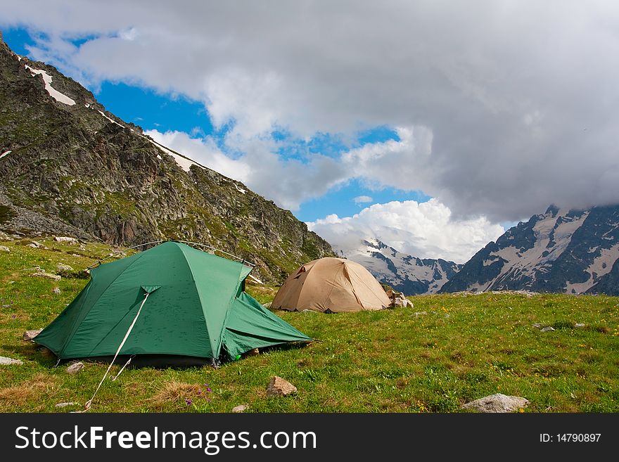 Two tents in Caucasus mountain