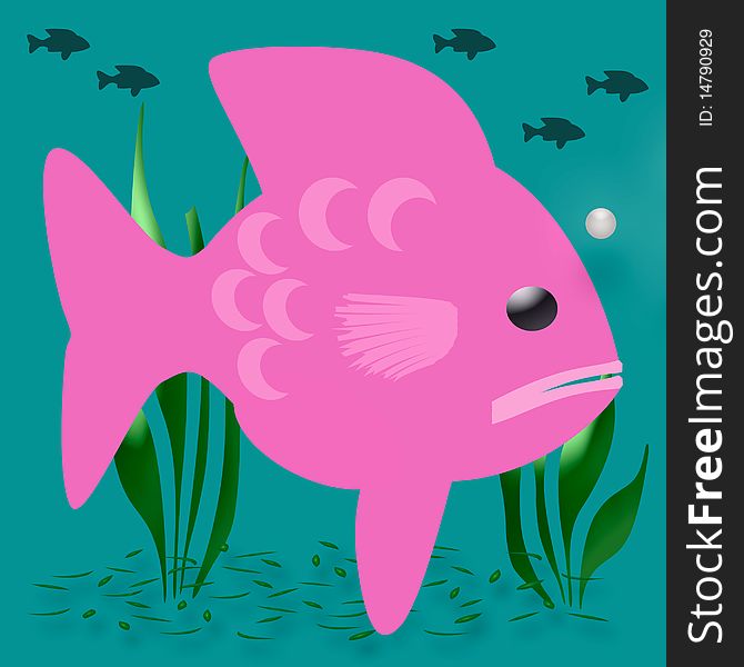 Underwater pink fish and plants scene illustration