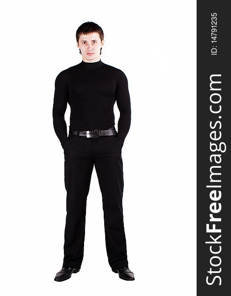Confident Guy Dressed In Black On A White