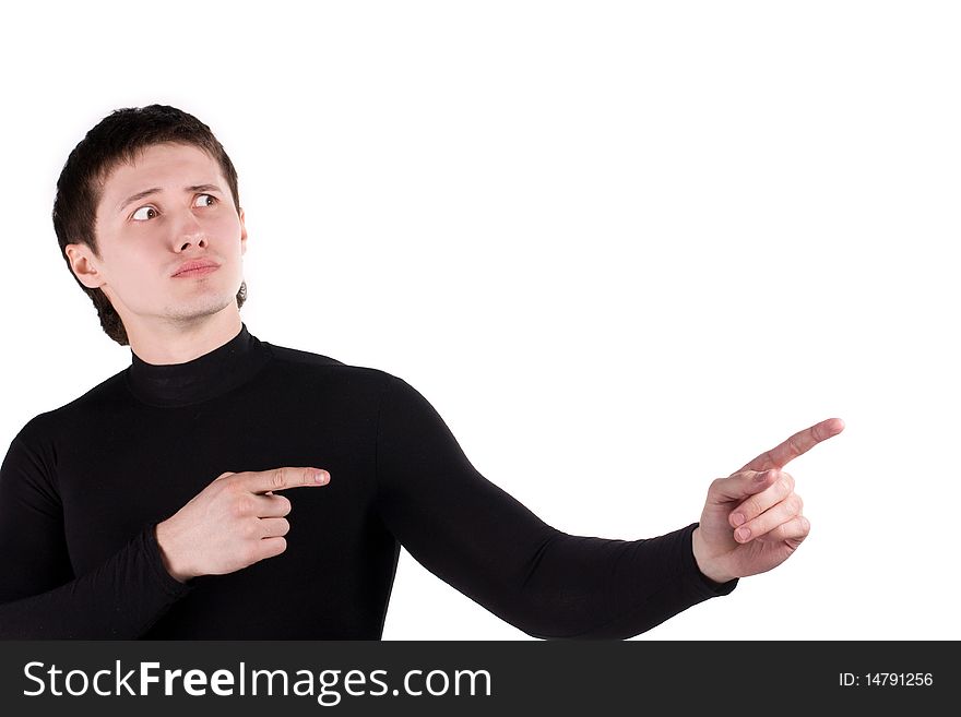 The guy shows surprise at the studio on a white background. The guy shows surprise at the studio on a white background