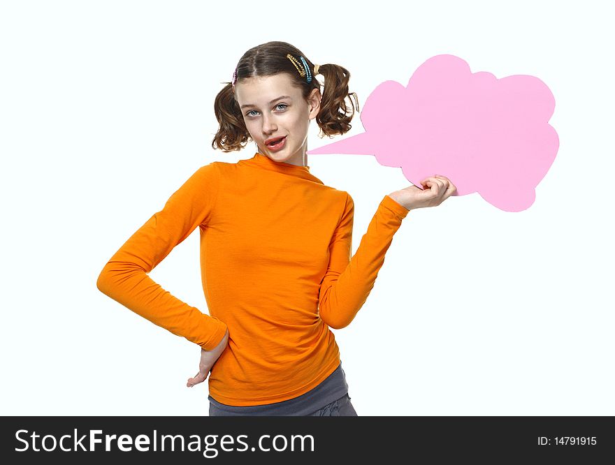 Young Girl Speaking, Holding Bubbles Chat