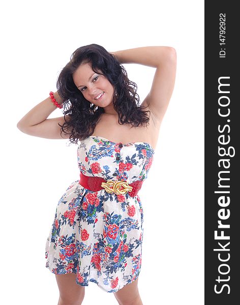 Photograph showing pretty young girl in floral dress isolated. Photograph showing pretty young girl in floral dress isolated