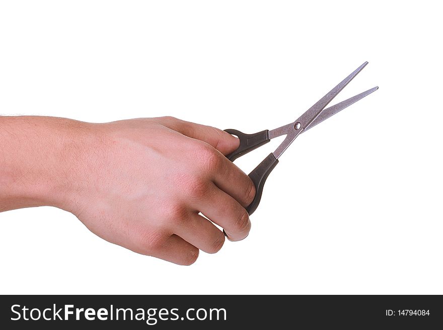 Man's hand with scissors on a white background.