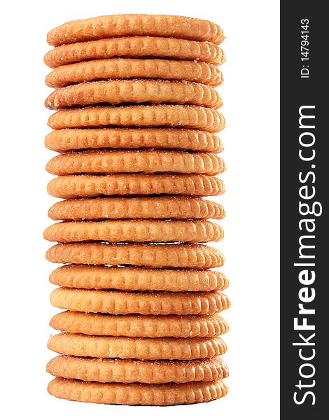 Salty round cookies are combined by a column on a white background. Salty round cookies are combined by a column on a white background.