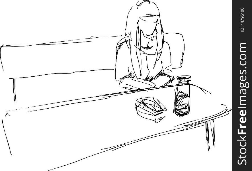 The black-and-white image girl at the table. The black-and-white image girl at the table