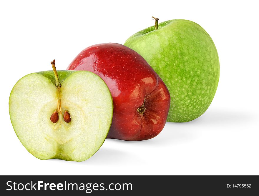 Two apples and a half over white background. Two apples and a half over white background