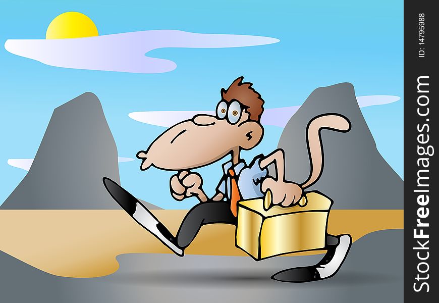 Monkey Businessman carrying a golden suitcase against nature background. Monkey Businessman carrying a golden suitcase against nature background