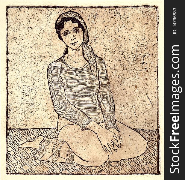 Engraving. The girl sitting on a carpet