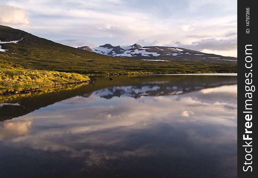 Wild landscape of Lake, reflection of clouds and snow mountains