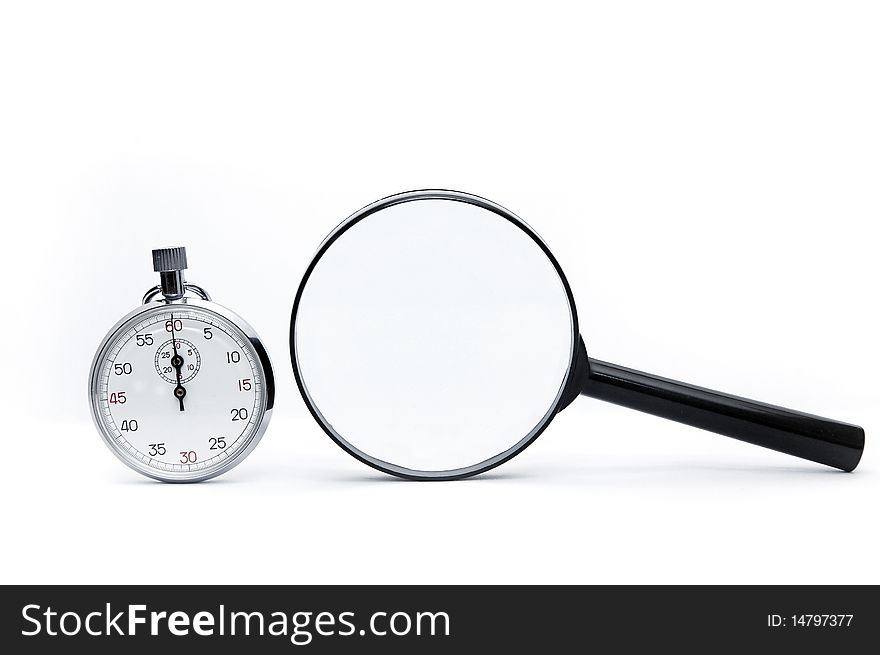 Stop watch and Magnifier Glass isolated on white