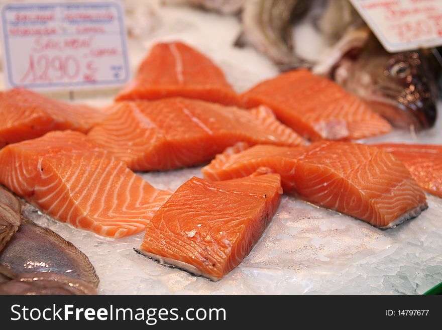 Salmon pieces at the market