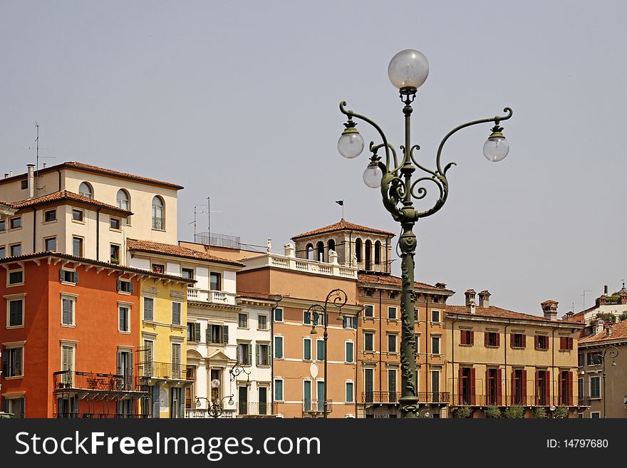 Verona, Piazza Bra with building facade in the region Veneto, Italy, Europe. Verona, Piazza Bra with building facade in the region Veneto, Italy, Europe