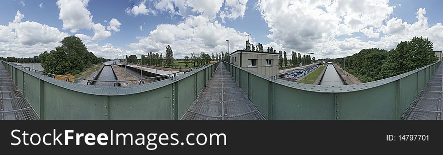 Panorama on barrage weir on the river main - germany