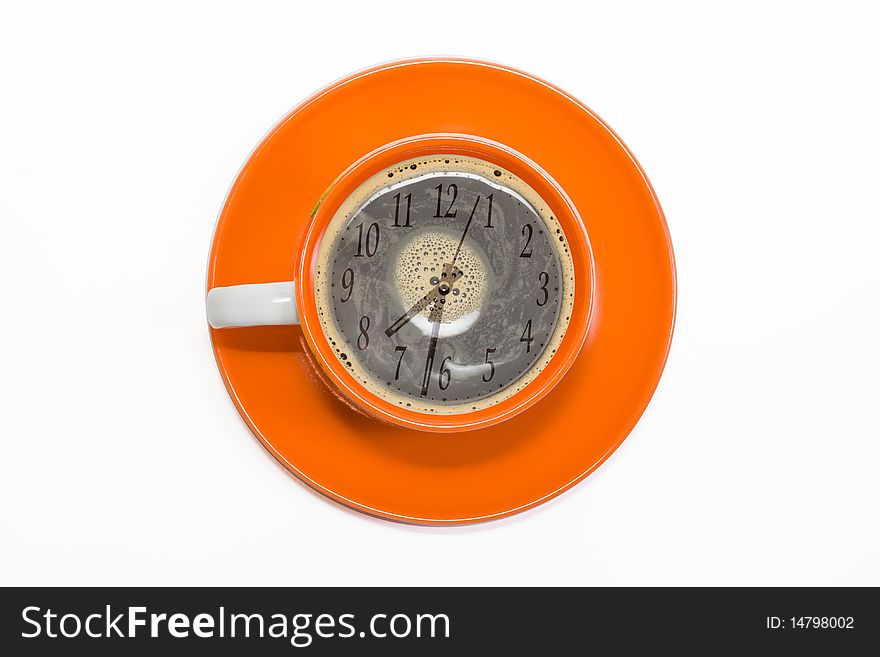 Cup of coffee with a clock-face it is isolated on a white background