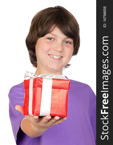 Boy with a gift isolated on white background with focus on the hand -DOF-. Boy with a gift isolated on white background with focus on the hand -DOF-