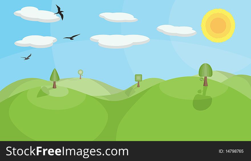 A landscape with mountains, trees, birds and clouds. No transparencies or gradients used.