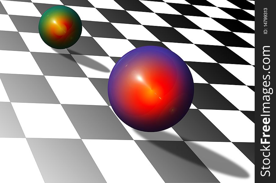 Two colorful polished spheres over a black and white checkers sloping surface. Two colorful polished spheres over a black and white checkers sloping surface