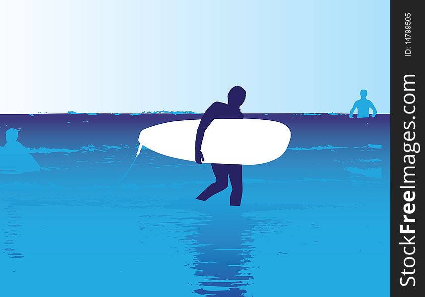 Surfer with board walking in the ocean as illustration. Surfer with board walking in the ocean as illustration