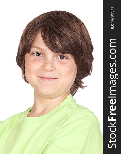 Funny portrait of freckled boy isolated on white background