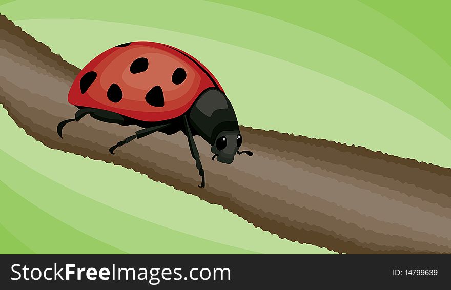 A ladybug on a branch with a green background. A ladybug on a branch with a green background.