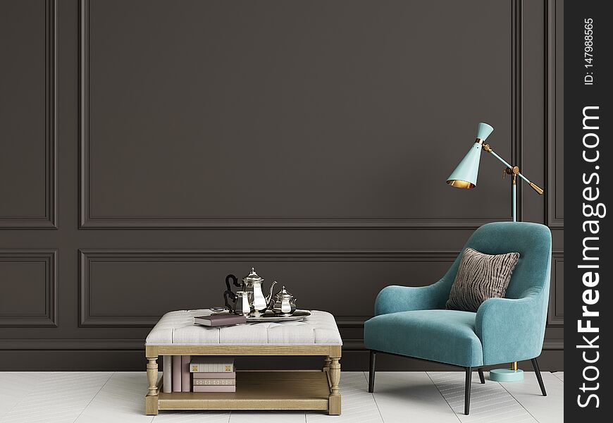 Cassic interior with blue armchair and floor lamp with copy space.Black qalls with mouldings,ornated cornice. Floor parquet herringbone white color.Digital Illustration.3d rendering