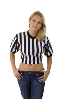 Beautiful Blonde Woman In A Referee Shirt Stock Photography
