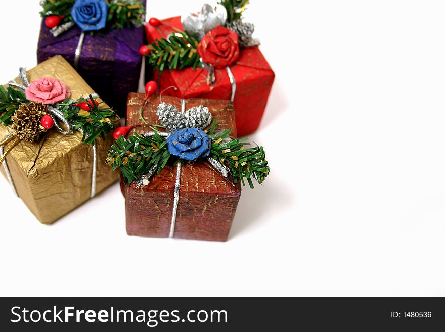 Christmas decorative boxes. Isolated. Close-up. Christmas decorative boxes. Isolated. Close-up.