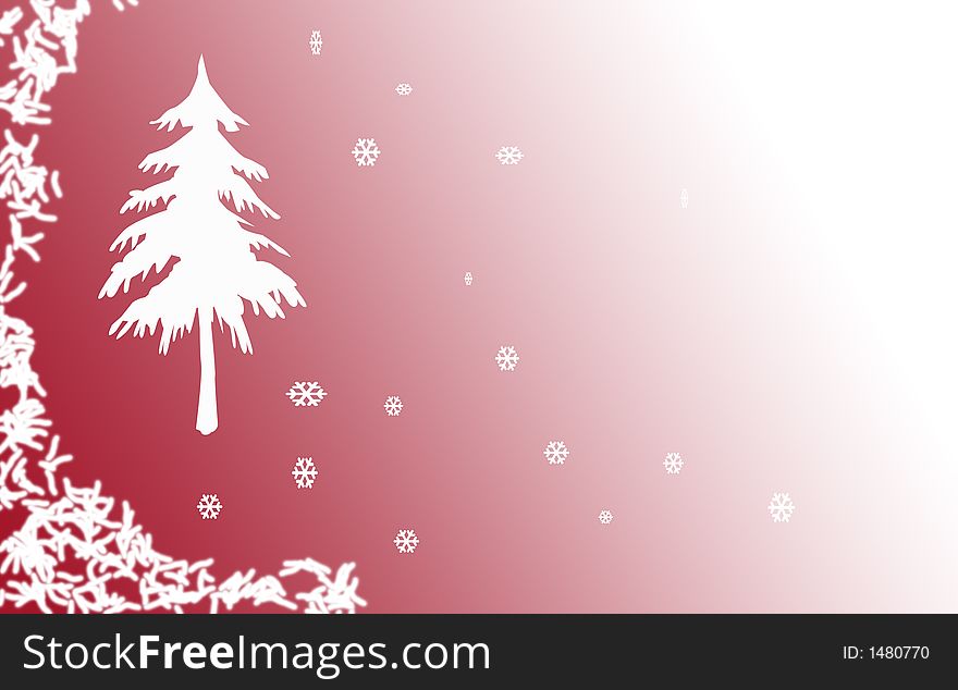 Red christmas card with christmas tree and snowflakes