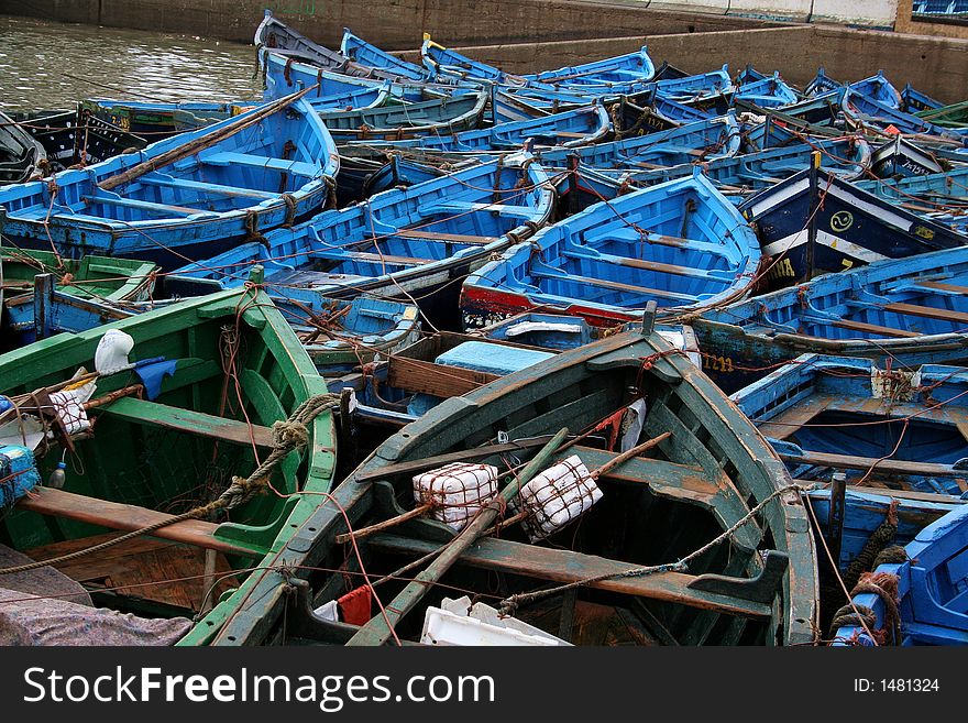 View at the fishing boats from port in Essaouira. View at the fishing boats from port in Essaouira