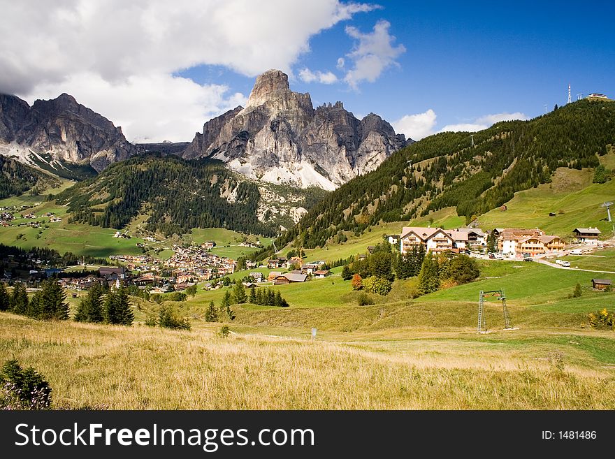 A valley in the Dolomite Alps in Italy. The photo was taken at a sunny day late in the summer. A valley in the Dolomite Alps in Italy. The photo was taken at a sunny day late in the summer