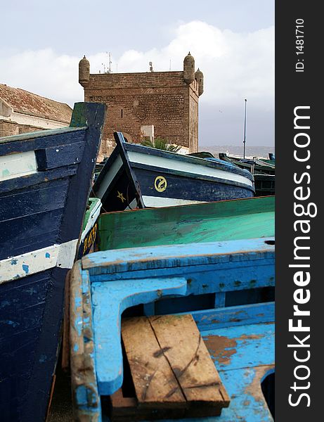 View at the fishing boats from port in Essaouira. View at the fishing boats from port in Essaouira