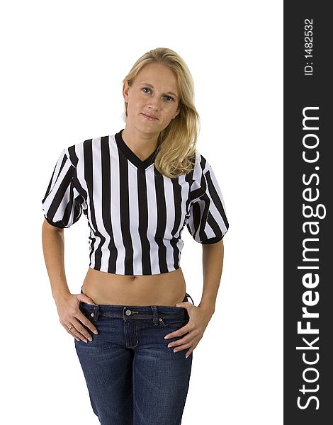 Beautiful blonde woman portrait in casual jeans and a referee shirt. Image isolated on white. Beautiful blonde woman portrait in casual jeans and a referee shirt. Image isolated on white.