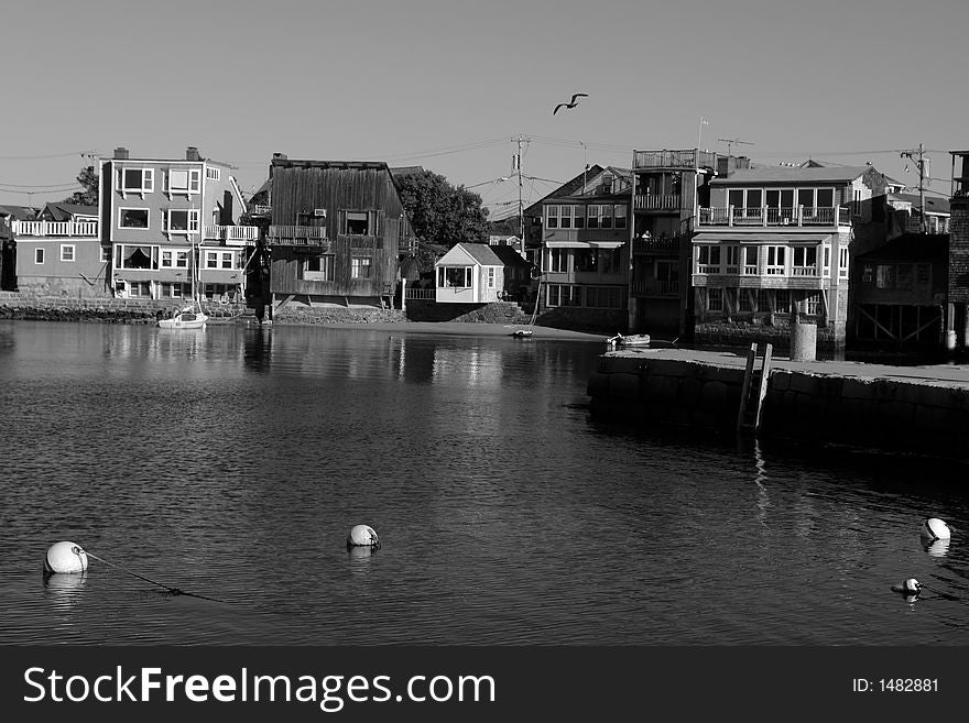 Black and white image of Bearskin Harbor in Rockport Massachusetts, a fishing village. Black and white image of Bearskin Harbor in Rockport Massachusetts, a fishing village