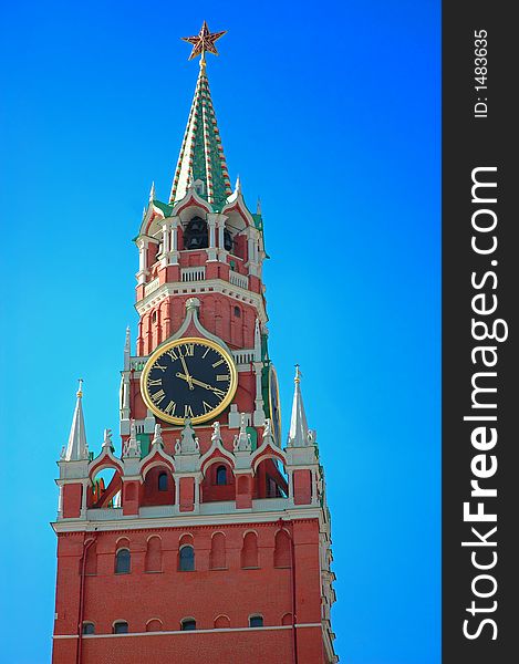 Red square in Moscow in the blue sky. Close up