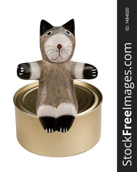 Toy cat on bank of canned food, isolated on white, clipping path included