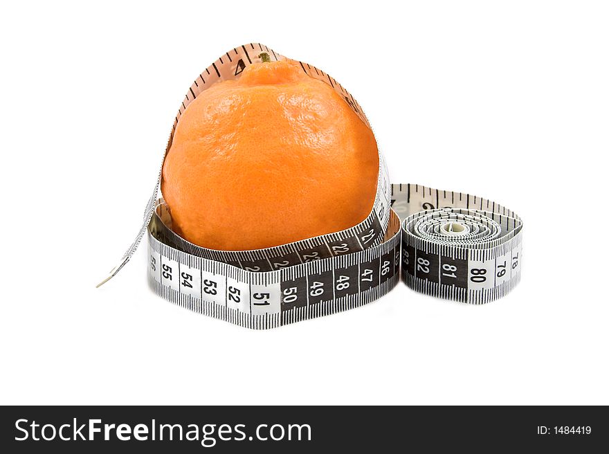 Orange naartjie with measuring tape on white background. Copy space. Orange naartjie with measuring tape on white background. Copy space.