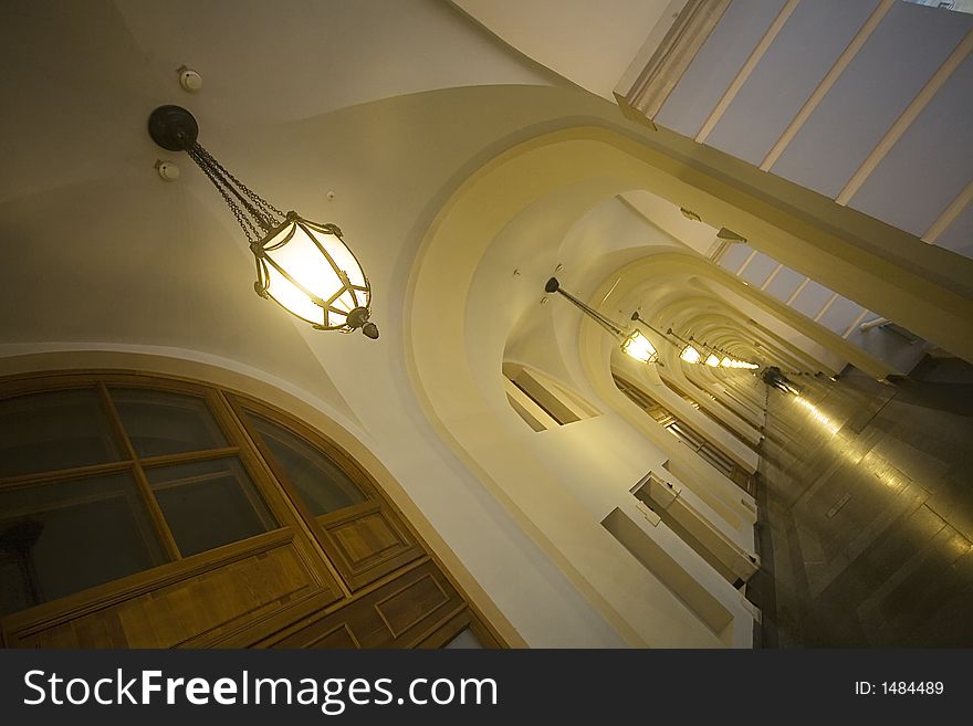 Balcony, gallery of a building constructed on canons of classical architecture. Balcony, gallery of a building constructed on canons of classical architecture