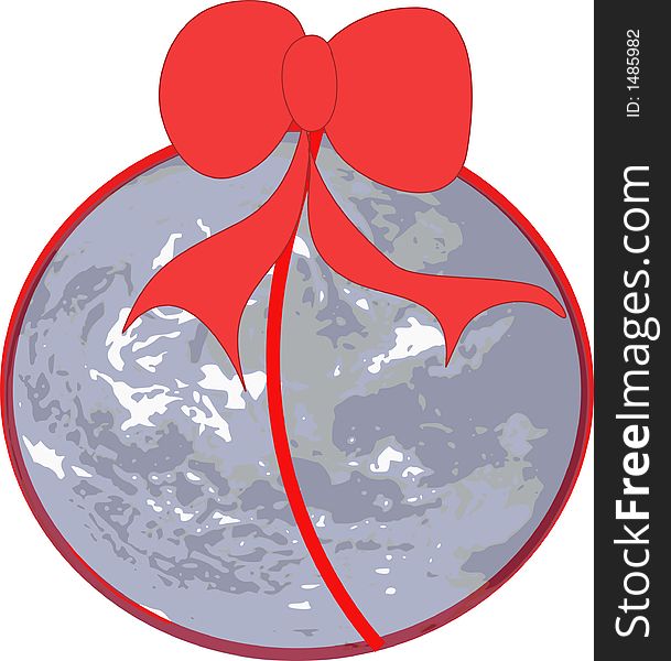 Vector graphics illustration. Earth surprise packet with red ribbon