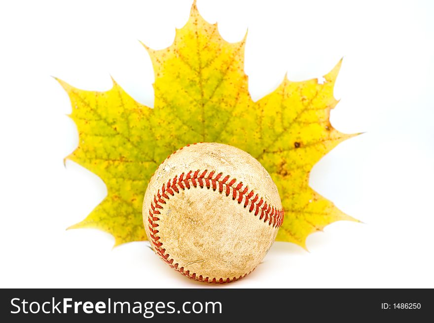 Picture of a baseball ball and maple leaf islated on white